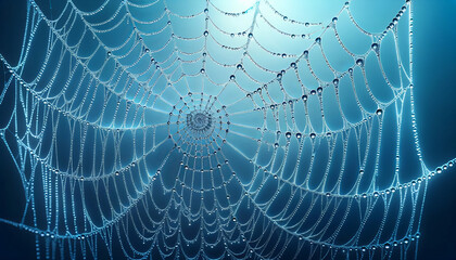 Fototapeta premium Morning Dew on Spiderweb Against Tranquil Blue
