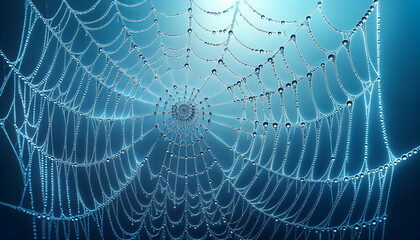 Morning Dew on Spiderweb Against Tranquil Blue
