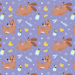 Fototapeta premium Seamless vector pattern with dog pet grooming. Caring about pet. Dog washing and barber service. Flat vector illustration