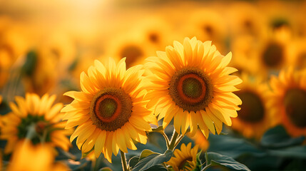 Fototapeta premium A field of sunflowers, with golden petals as the background, during the height of summer