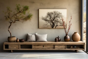 Rustic interior design of modern living room, grey minimalist, wooden floor, Home Nordic interior, beautiful wooden decor, scenic, natural, 3D interior, futuristic idea