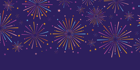 Fototapeta na wymiar Colorful firework vector banner, festival or carnival celebration backgorund dark blue with vibrant explosions, party wallpaper