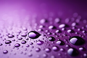 Close-up view of water droplets on a vibrant purple surface, with stunning reflections