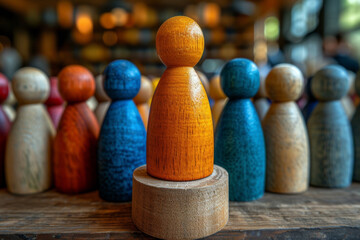 larger wooden peg figure stands elevated among smaller figures, symbolizing leadership and individuality
