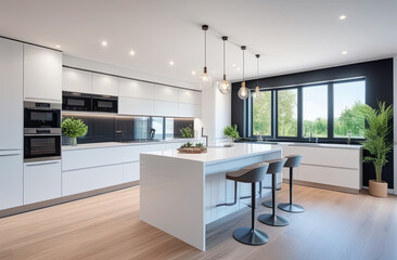 Interior of a modern kitchen in minimalist style in light colors with indoor plants