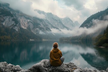 Person Meditating by Alpine Lake in Misty Mountains. An individual sits in meditation by a calm alpine lake surrounded by mist-covered mountains, finding peace.

