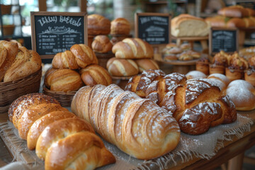 variety of freshly baked bread and pastries on display at a local bakery, enticing with their golden crusts and dustings of sugar