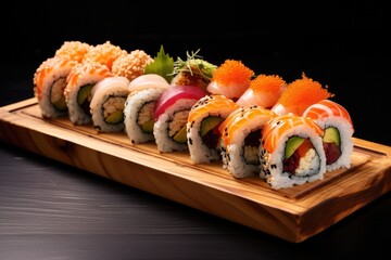 Sushi rolls on wooden tray