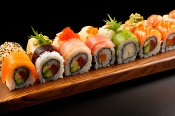 Sushi rolls on wooden tray