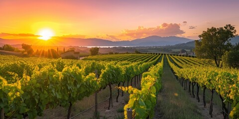Naklejka premium Sunset Illuminates Vineyard Landscape