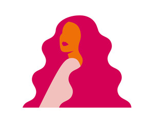 Portrait of beautiful woman with long curly hairstyle. Silhouette of Female person with brown skin and pink hair. Strong and brave girl for International Women's day. Vector illustration