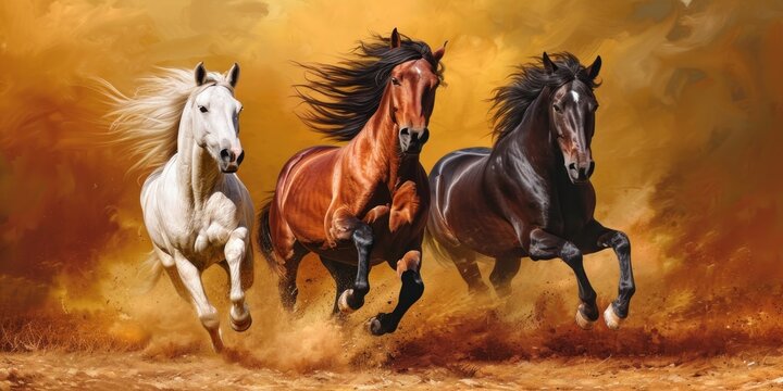 Three horses run across the field, kicking up dust