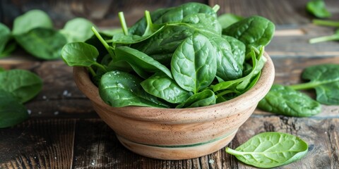 Wooden Bowl Filled With Spinach Leaves on Wooden Table
