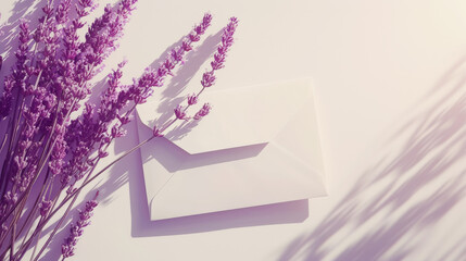 Modern postal aesthetic envelope with lavender on light background with shadows. Invitation template. Generative AI