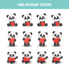 Obraz premium Find different panda bear in each row. Logical game for kids. Cartoon cute teddy bear with heart. Vector illustration