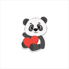 Obraz premium cute cartoon panda with a red heart on white background. Funny panda bear cub. Valentine's day, Mothers day card. Vector 