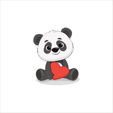 cute cartoon panda with a red heart on white background. Funny panda bear cub. Valentine's day, Mothers day card. Vector 