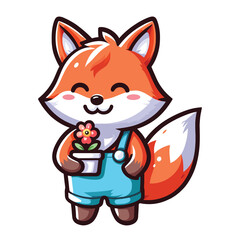 Obraz premium Cute adorable fox holding a flower cartoon character vector illustration, funny wolf foxy flat design template isolated on white background