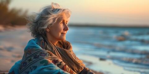Woman Sitting on Oceanfront Bench