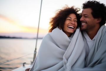 pair laughing, wrapped in a blanket on yacht at dusk