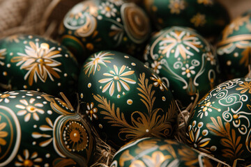 closeup shot of easter pattern of dark green easter eggs decorated with golden folklore ornaments isolated on brown background - Powered by Adobe