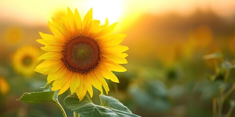 Sunflower in Field With Setting Sun