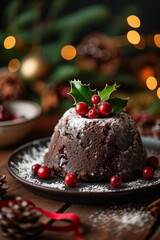 Fototapeta na wymiar traditional plum pudding or Christmas pudding decorated with sugar powder and with skimmia rather than holly