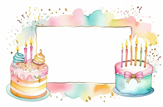 Frame with place for text for birthday drawn with watercolor paints with cakes