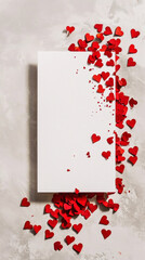 Aesthetic blank paper card mockup with red heart-shaped confetti. Luxury greeting card design concept. Generative AI
