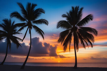 Silhouette of palm trees in the sunset sun on the beach