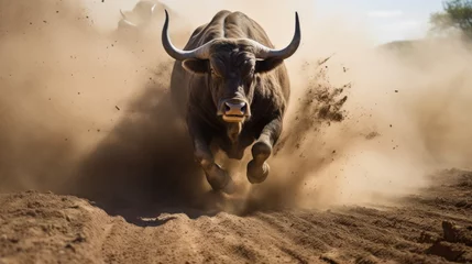 Foto op Canvas An insane close-up of an enraged, charging bull with dust and motion blur © DB Media