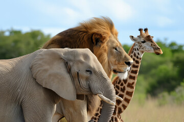 side profile of an elephant, lion and giraffe together. World wildlife day