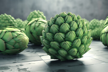 Closeup of fresh green artichoke vegetable on warehouse background. Farming concept