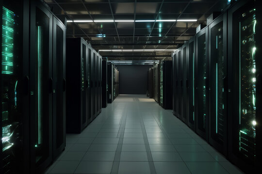 Server racks in computer network room data center