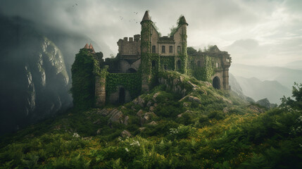 A cinematic portrayal of a medieval castle in ruins, enveloped by lush green plants, set against a dramatic and moody mountain range evoking the atmosphere of a movie set - obrazy, fototapety, plakaty