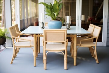 bamboo dining table with matching chairs on a porch