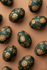 top view easter pattern of dark green easter eggs decorated with golden folklore ornaments isolated on brown background