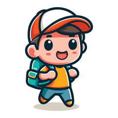 Cute little children stand with backpack, smiling kid heading to school cartoon character, vector illustration isolated on white background
