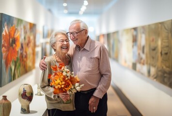 Fototapeta na wymiar Elderly couple celebrates their wedding anniversary with joy and romance, sharing a tender moment while exploring a photography exhibition, a testament to their enduring love and cherished years