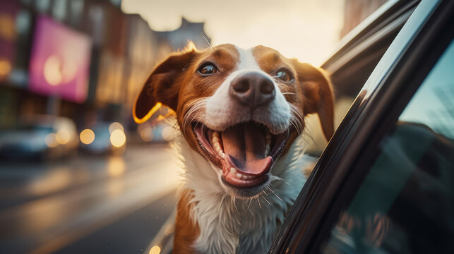 Happy dog with head out of the car window having fun.