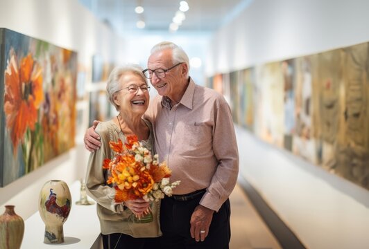 Elderly couple celebrates their wedding anniversary with joy and romance, sharing a tender moment while exploring a photography exhibition, a testament to their enduring love and cherished years