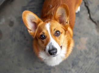Close-up of a curious corgi with expressive eyes and erect ears, looking up. Cute pet.