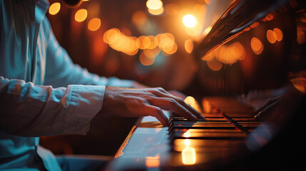 Experience the grace of playing the piano. Every note is a dance of emotion, weaving a symphony of elegance. Unleash your musical expression, creating a masterpiece with every touch. - obrazy, fototapety, plakaty