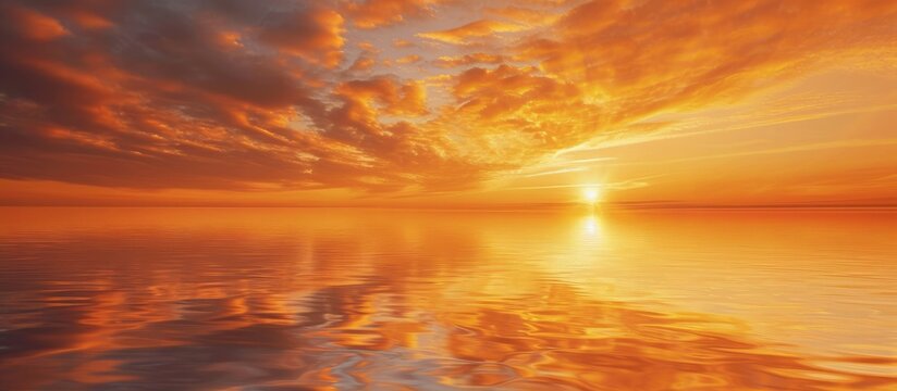 An enchanting picture of a calm sunrise reflected on motionless water, painted in orange tones.