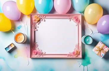 Frame with place for text for birthday drawn with watercolor paints with small pieces of cakes