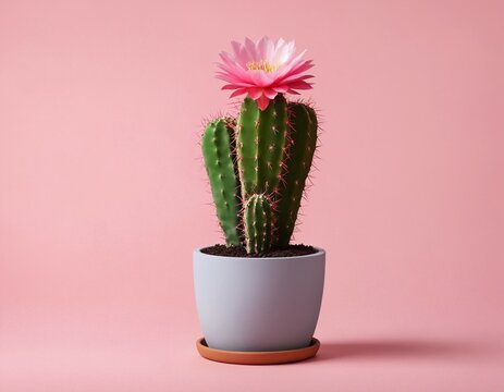 one cactus blooming with a pink flower in a pot with earth on a free gradient background on the left