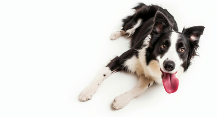 Funny border collie dog with happy face isolated on white background