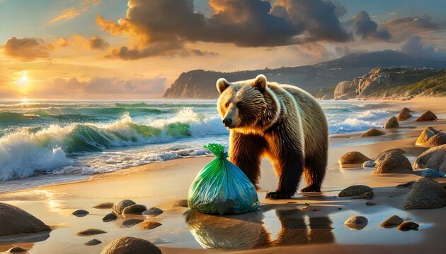 Urso ambientalista recolhendo lixo na praia
