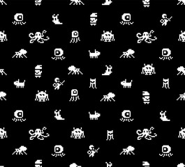 Funny pixel monsters. Seamless pattern of 8-bit pixel game. Retro video game elements for fabric print and background design