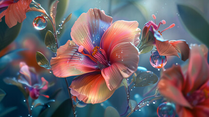 Glass Morphism Botanical Illustration Blooming Flowers in Transparent and Modern Design.